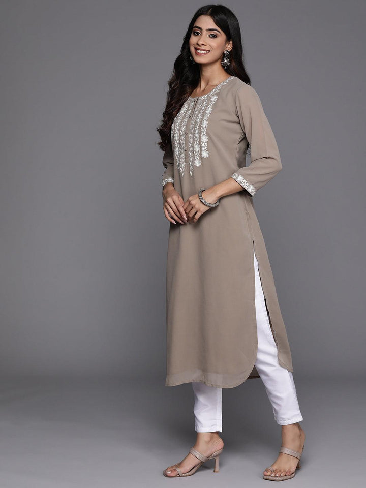 Taupe Yoke Design Georgette Pathani Kurta - Libas