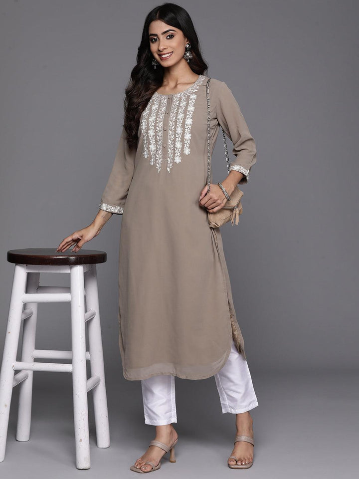 Taupe Yoke Design Georgette Pathani Kurta - Libas