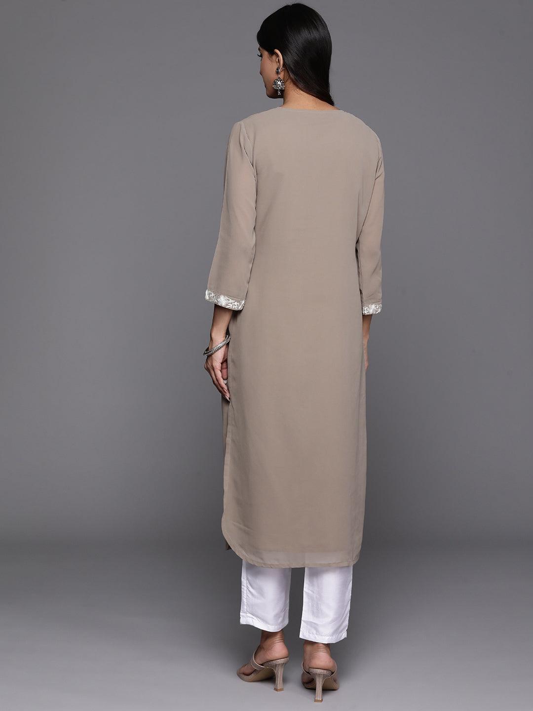 Taupe Yoke Design Georgette Pathani Kurta - Libas