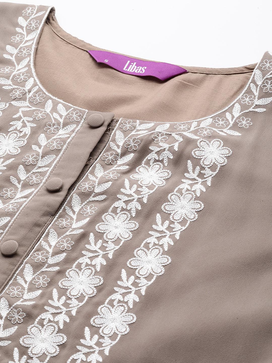 Taupe Yoke Design Georgette Pathani Kurta - Libas