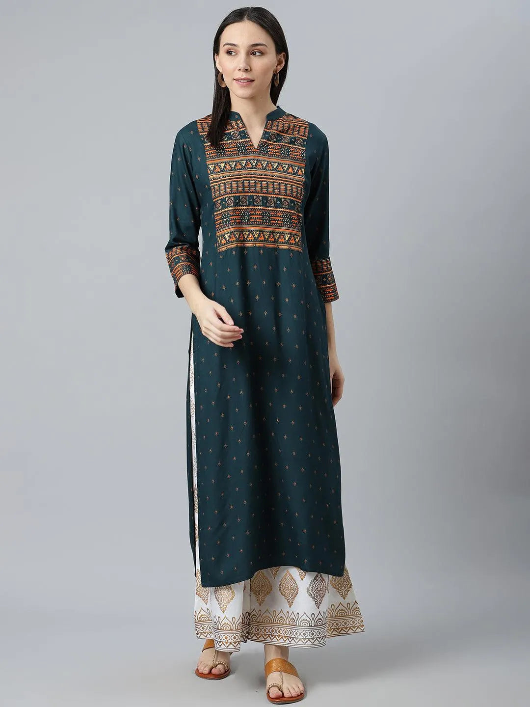 Teal Blue Printed Rayon Kurta - Libas