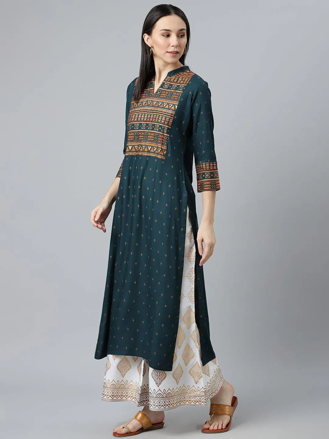 Teal Blue Printed Rayon Kurta - Libas 