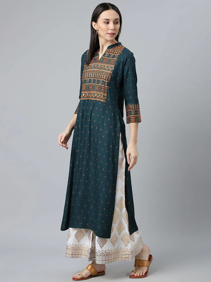 Teal Blue Printed Rayon Kurta - Libas