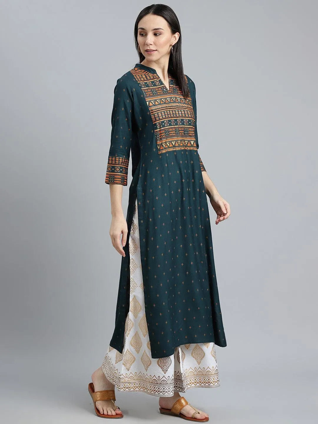 Teal Blue Printed Rayon Kurta - Libas 