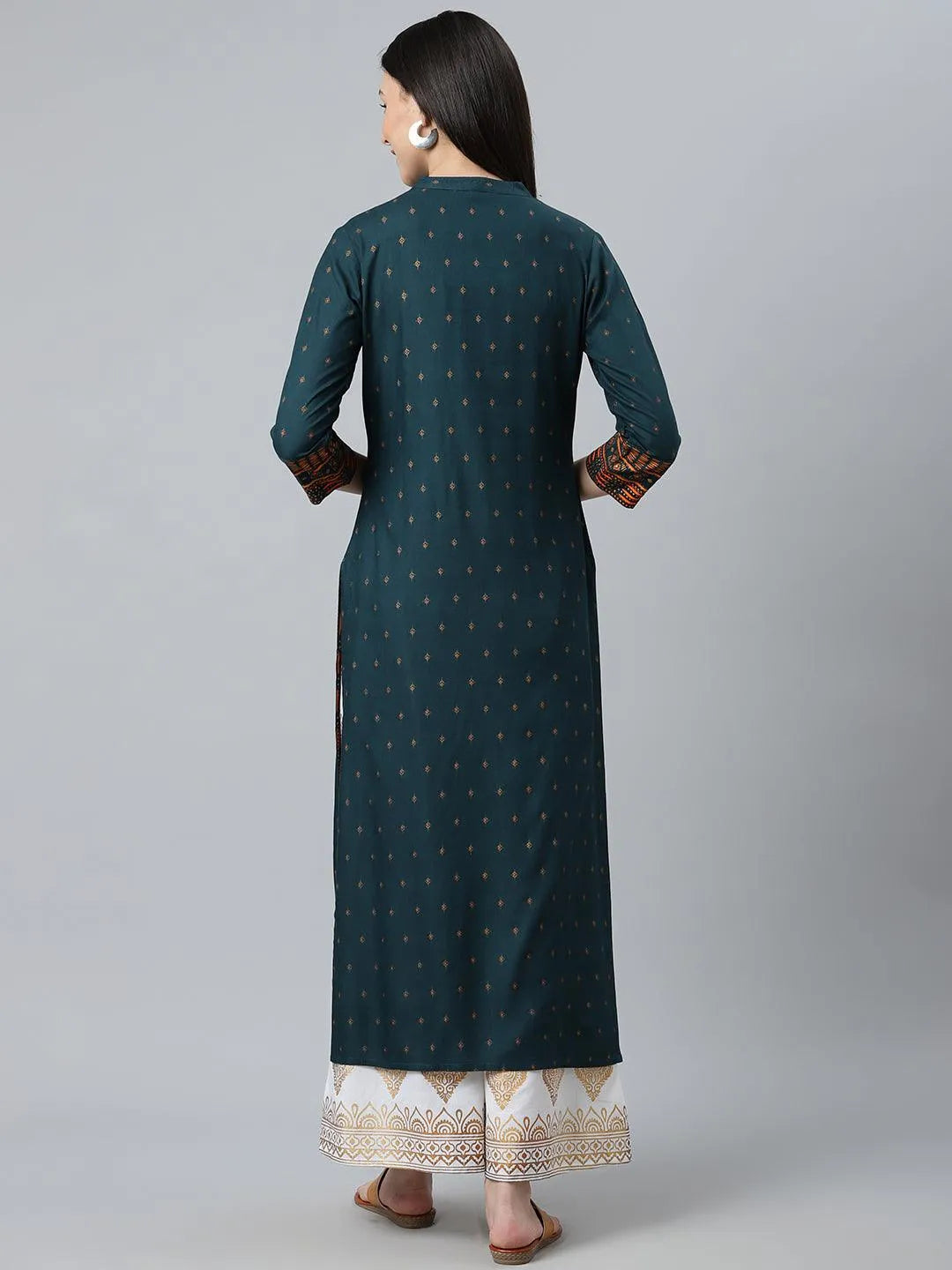 Teal Blue Printed Rayon Kurta - Libas