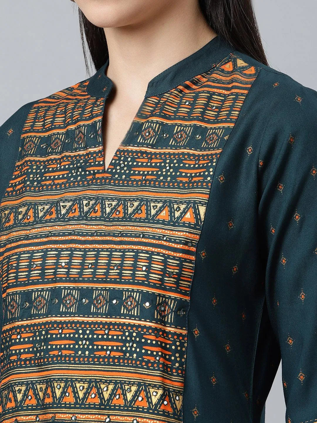 Teal Blue Printed Rayon Kurta - Libas 