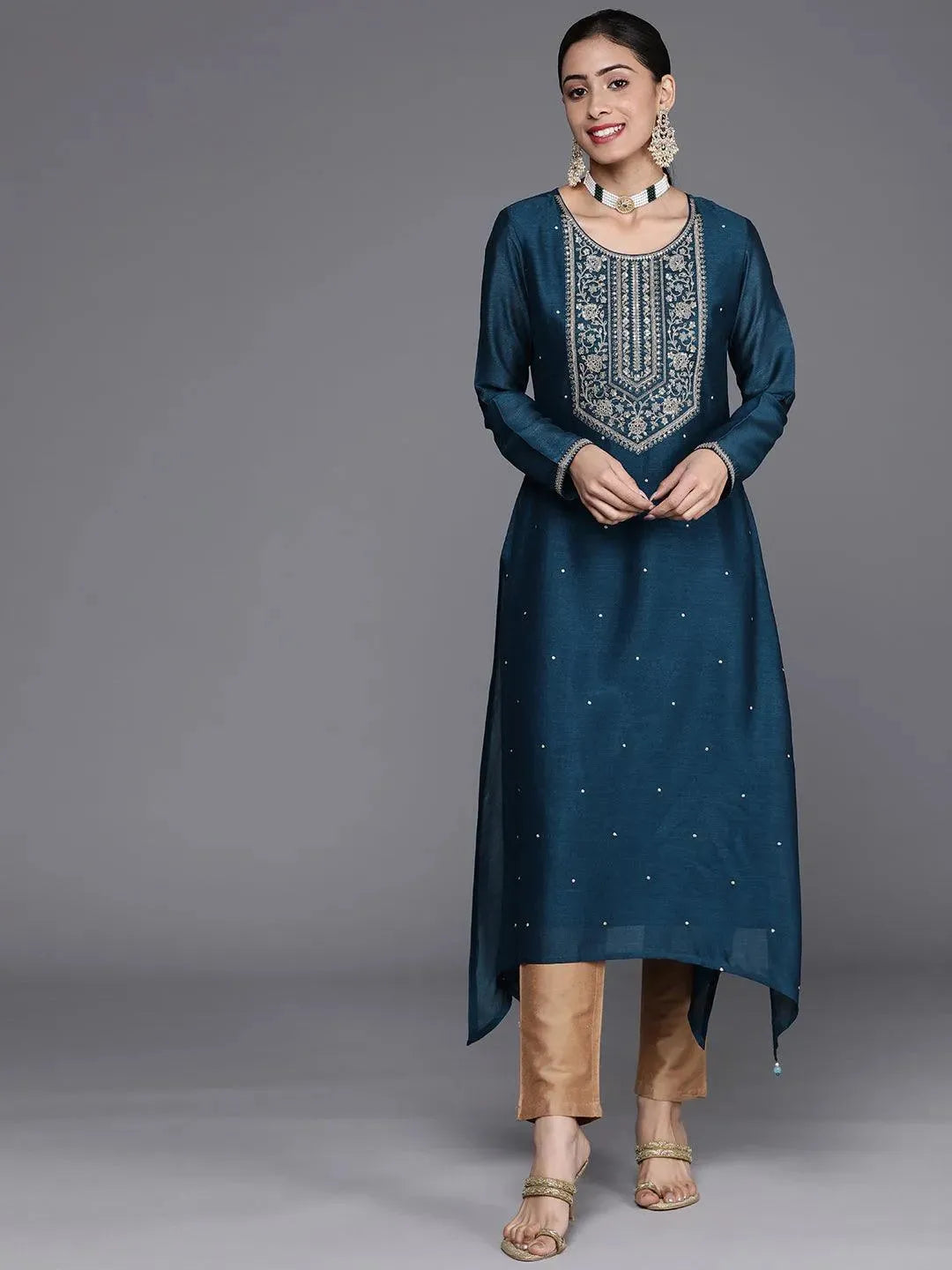 Teal Blue Yoke Design Silk Kurta - Libas 