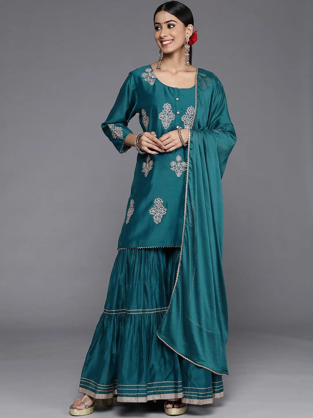 Teal Embroidered Chanderi Silk Straight Suit Set - Libas 