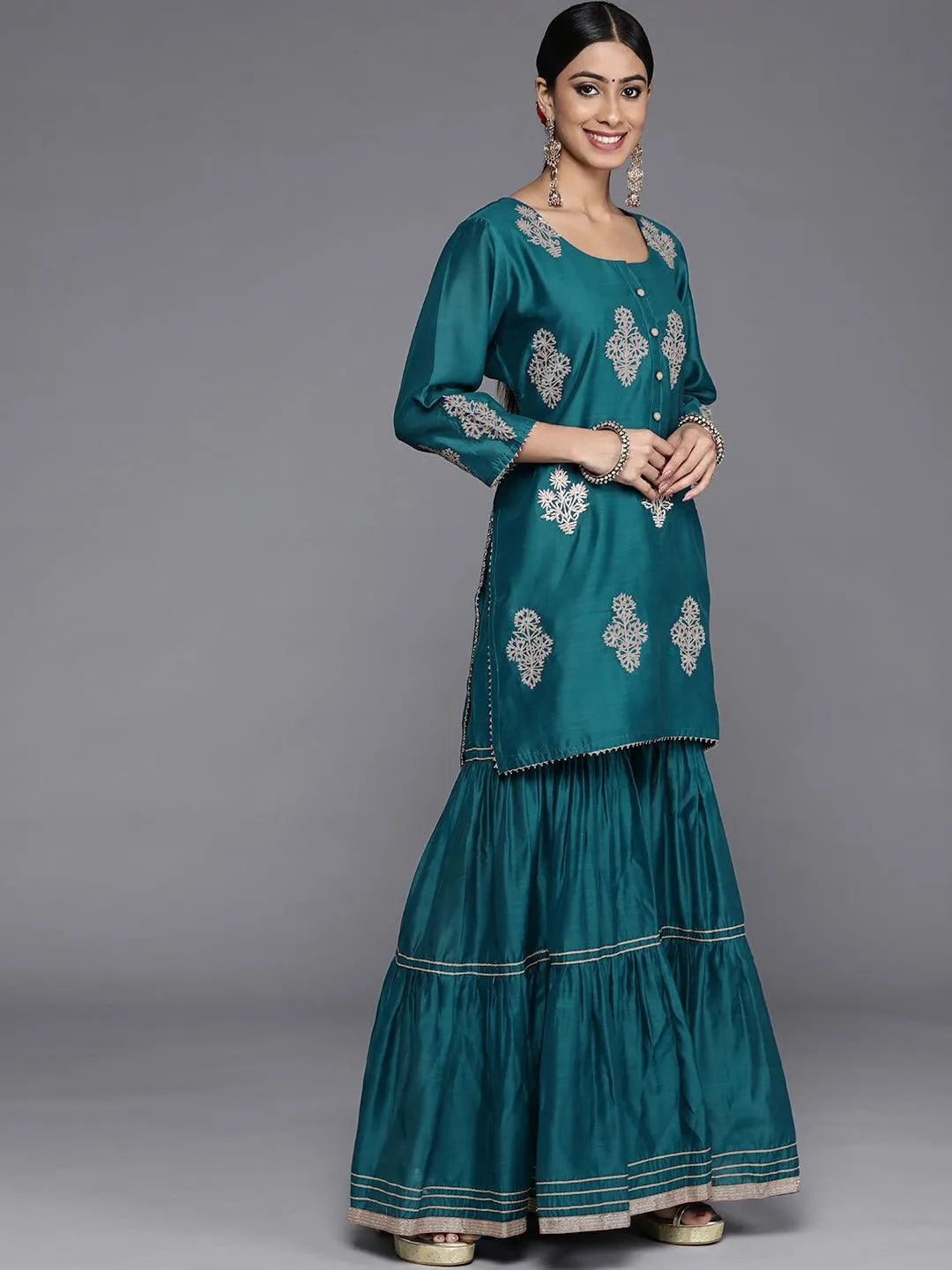 Teal Embroidered Chanderi Silk Straight Suit Set - Libas 