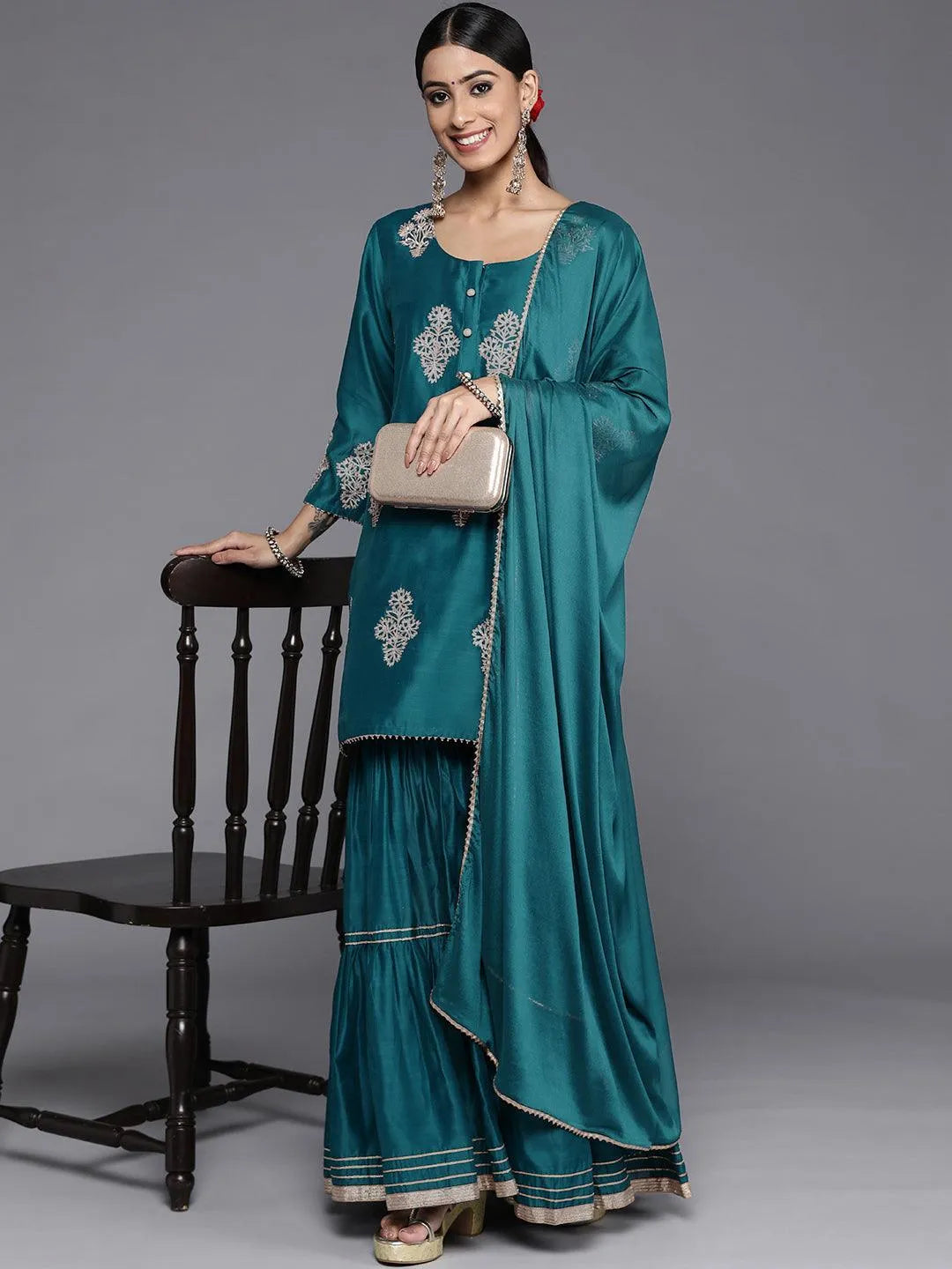 Teal Embroidered Chanderi Silk Straight Suit Set - Libas 