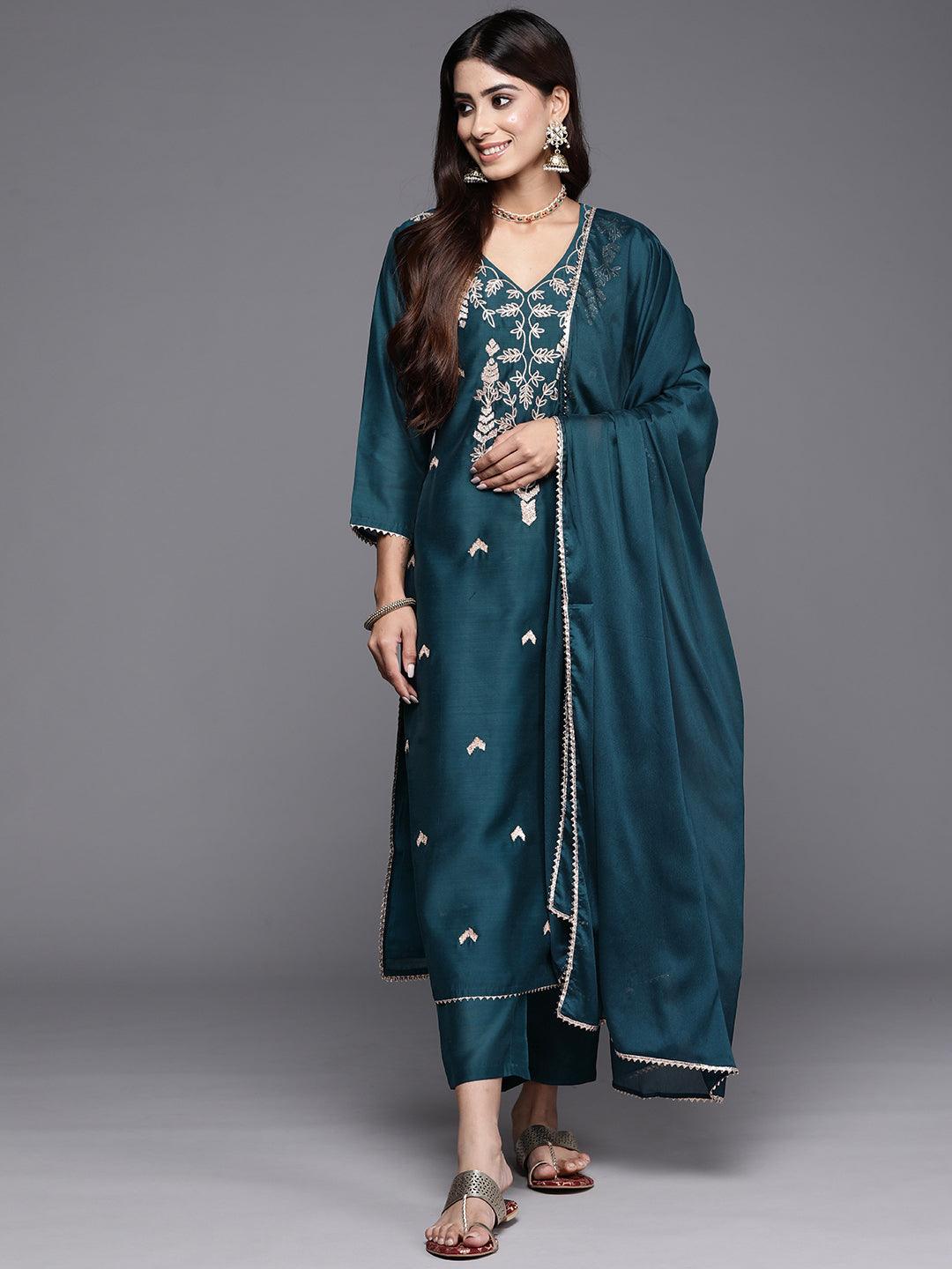 Teal Embroidered Chanderi Silk Straight Kurta With Trousers & Dupatta - Libas 