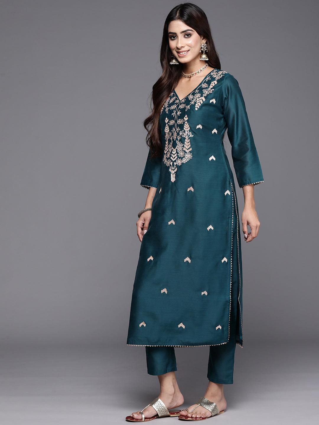 Teal Embroidered Chanderi Silk Straight Kurta With Trousers & Dupatta - Libas 