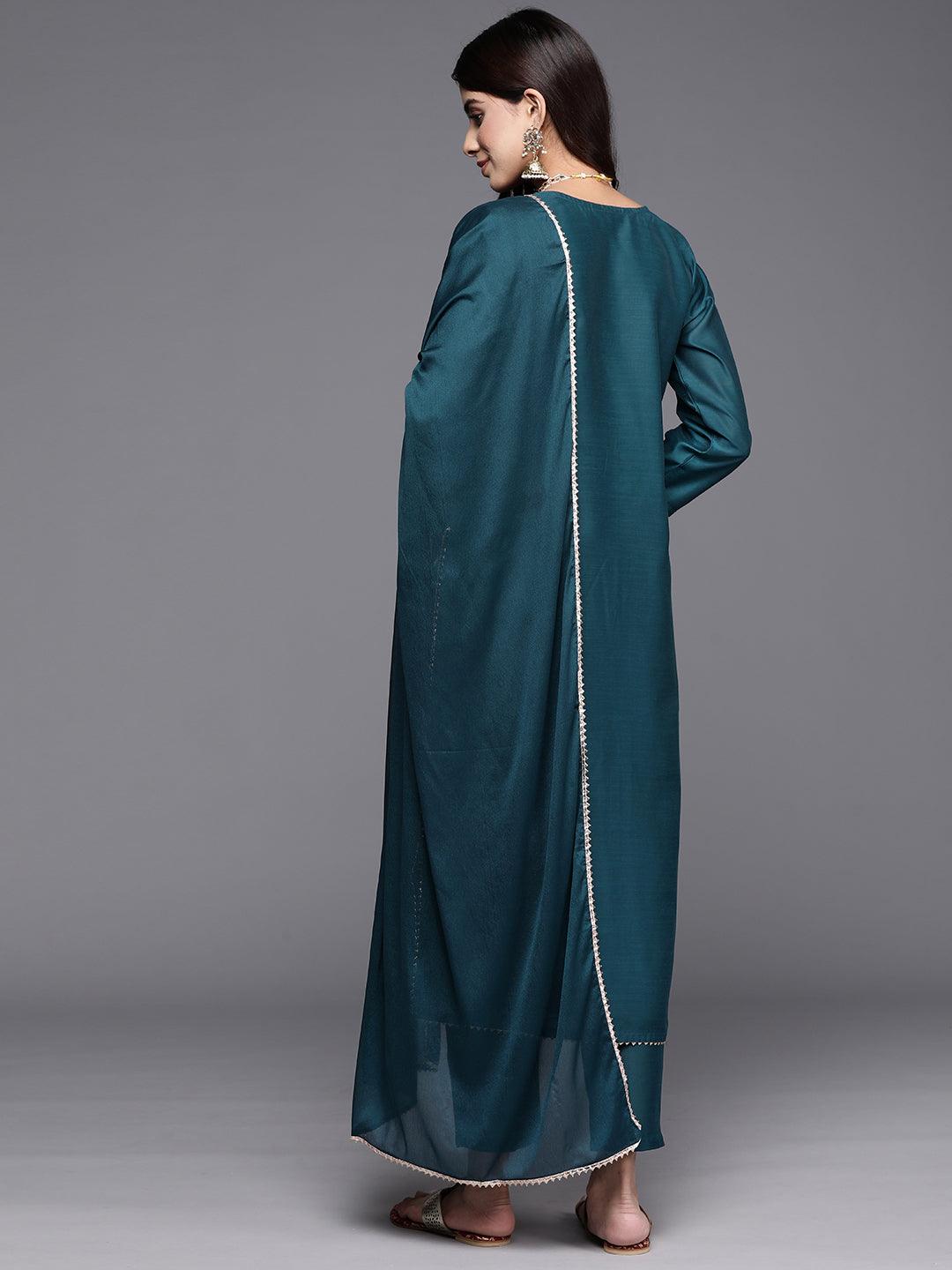 Teal Embroidered Chanderi Silk Straight Kurta With Trousers & Dupatta - Libas 