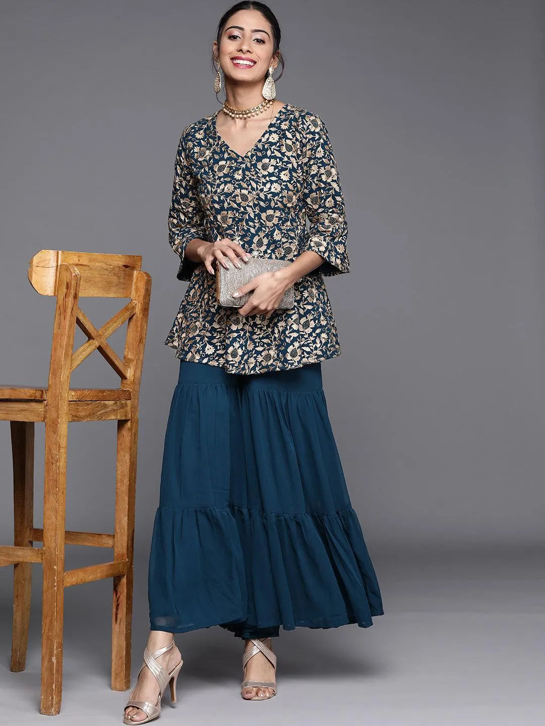 Teal Embroidered Georgette Kurta Set - Libas