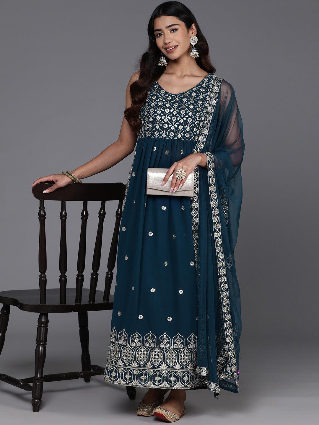 Teal Embroidered Georgette A-Line Kurta With Trousers & Dupatta - Libas 