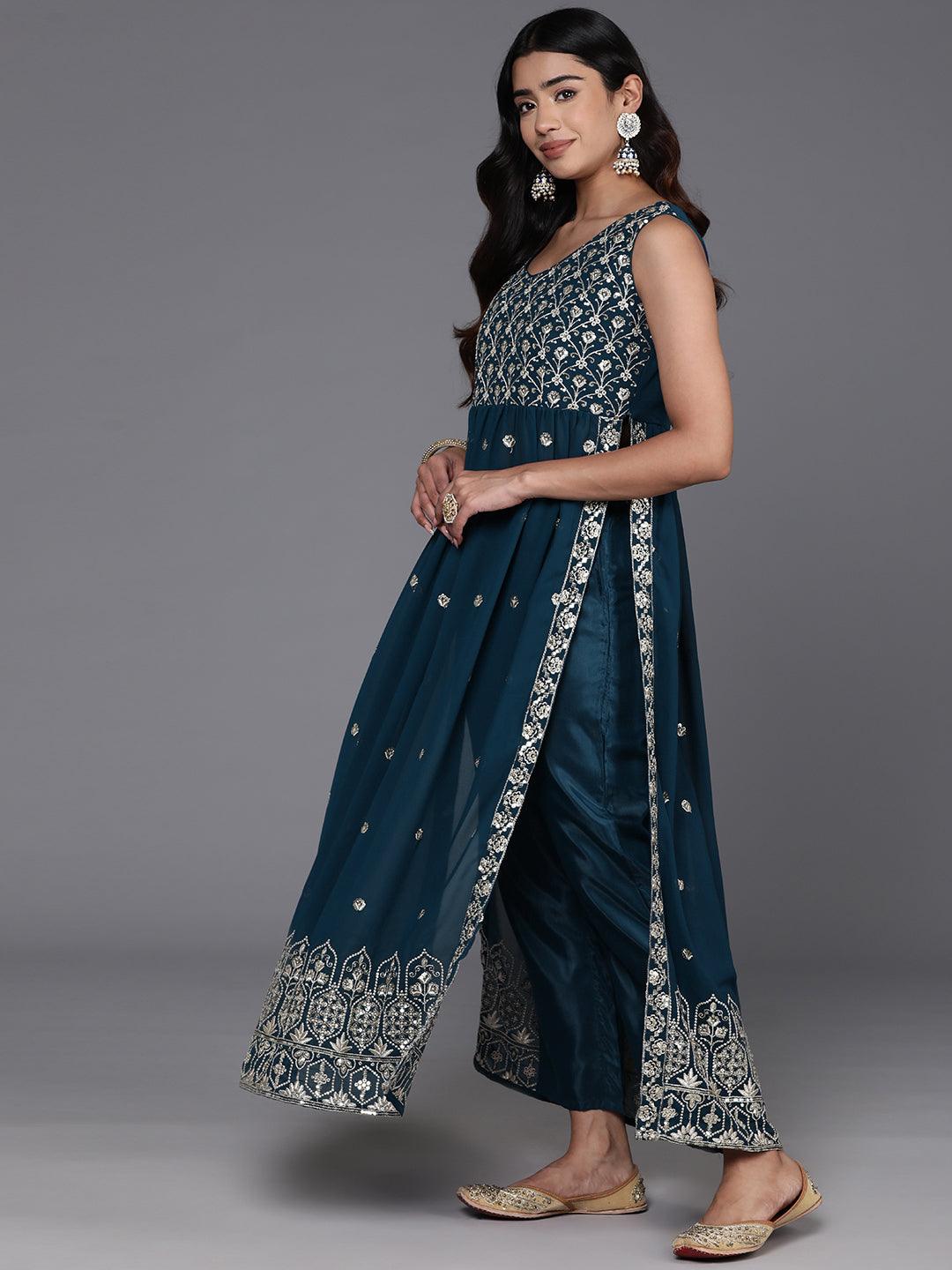 Teal Embroidered Georgette A-Line Kurta With Trousers & Dupatta - Libas 