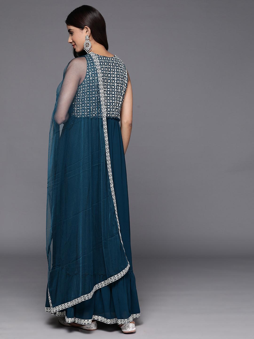 Teal Embroidered Georgette Anarkali Suit With Dupatta