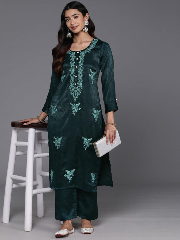 Teal Embroidered Polyester Straight Kurta With Trousers - Libas