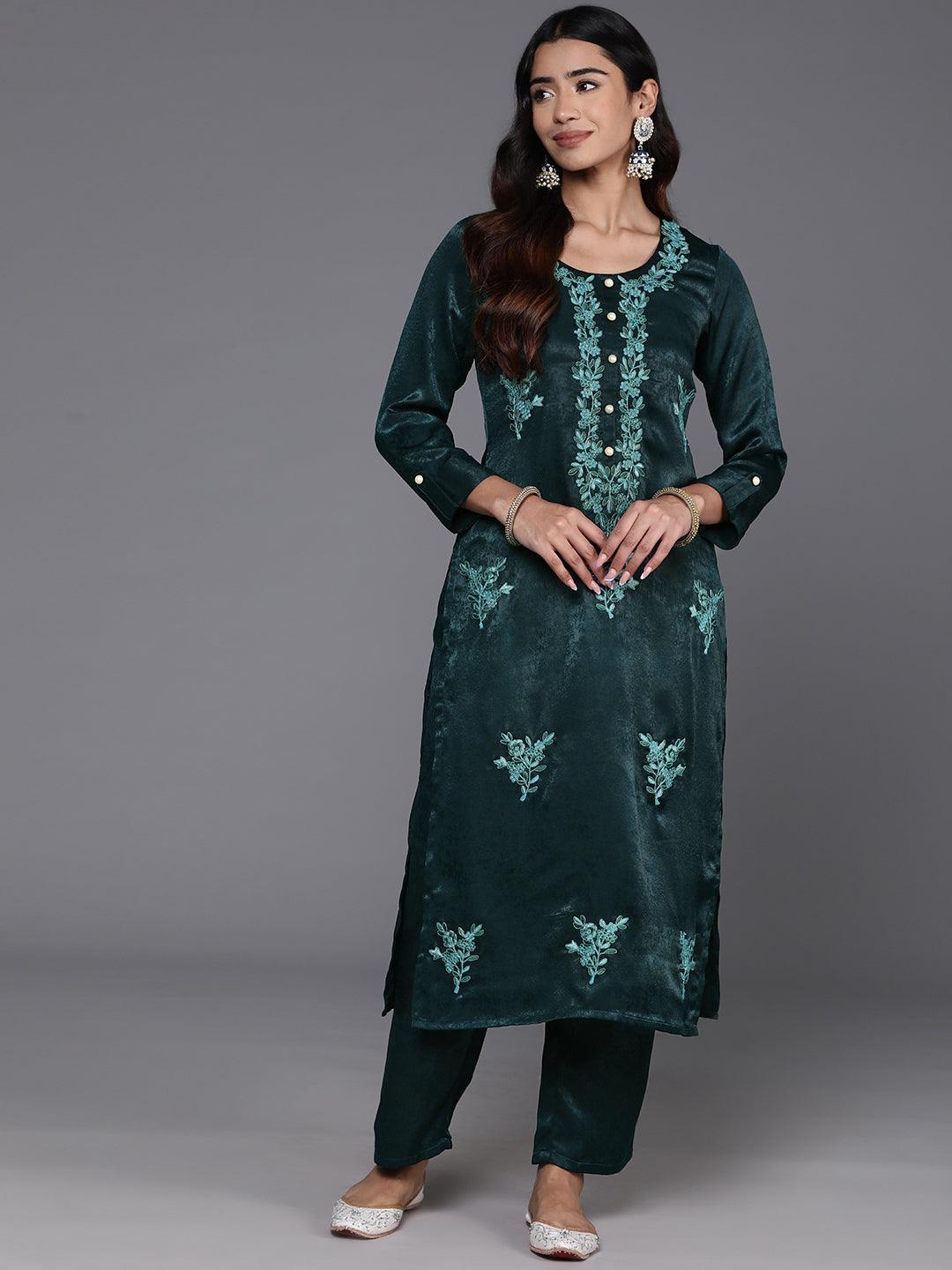 Teal Embroidered Polyester Straight Kurta With Trousers - Libas