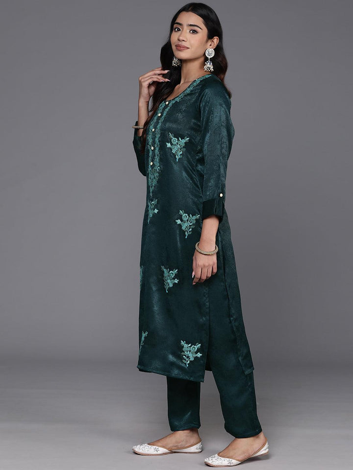 Teal Embroidered Polyester Straight Kurta With Trousers - Libas