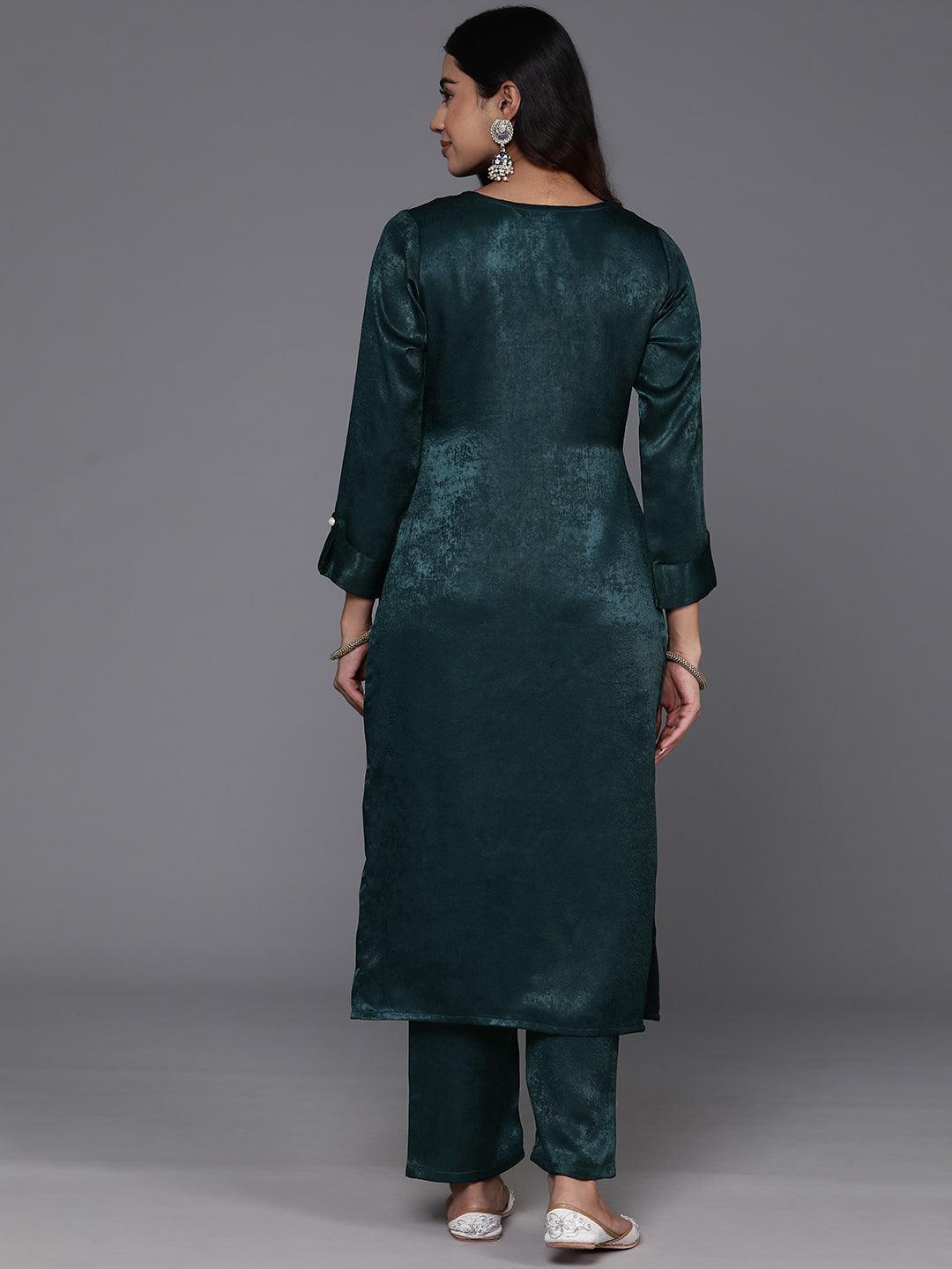 Teal Embroidered Polyester Straight Kurta With Trousers - Libas