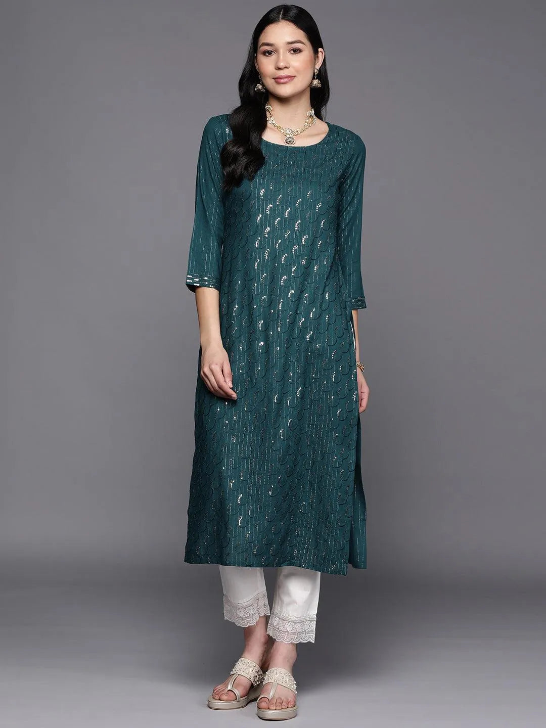 Teal Embroidered Rayon Straight Kurta - Libas