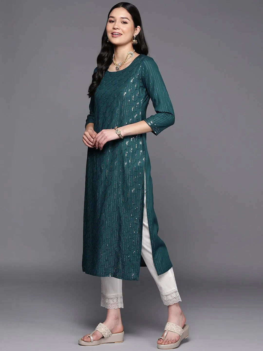 Teal Embroidered Rayon Straight Kurta - Libas