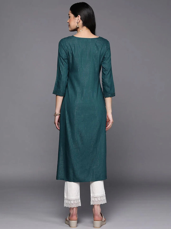 Teal Embroidered Rayon Straight Kurta - Libas