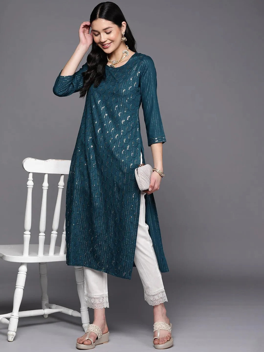 Teal Embroidered Rayon Straight Kurta - Libas