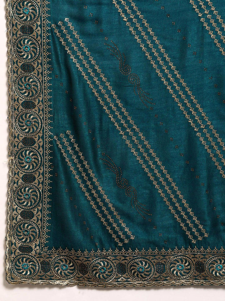 Teal Embroidered Silk Blend Saree - Libas