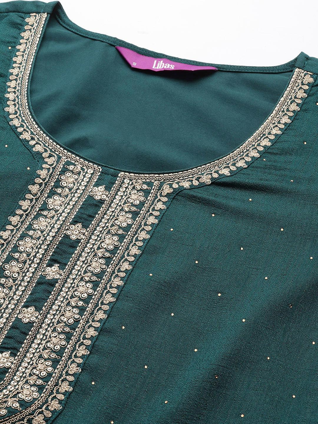 Teal Embroidered Silk Blend Straight Kurta With Dupatta