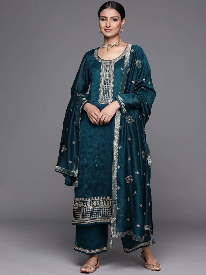 Teal Embroidered Silk Blend Straight Suit Set - Libas