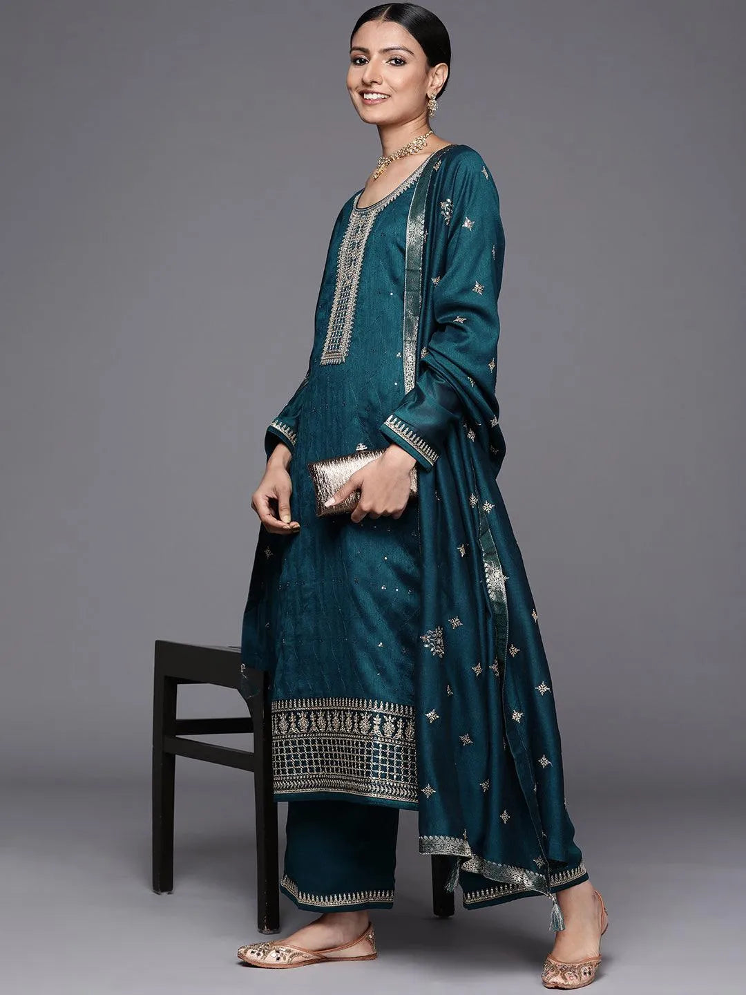 Teal Embroidered Silk Blend Straight Suit Set - Libas