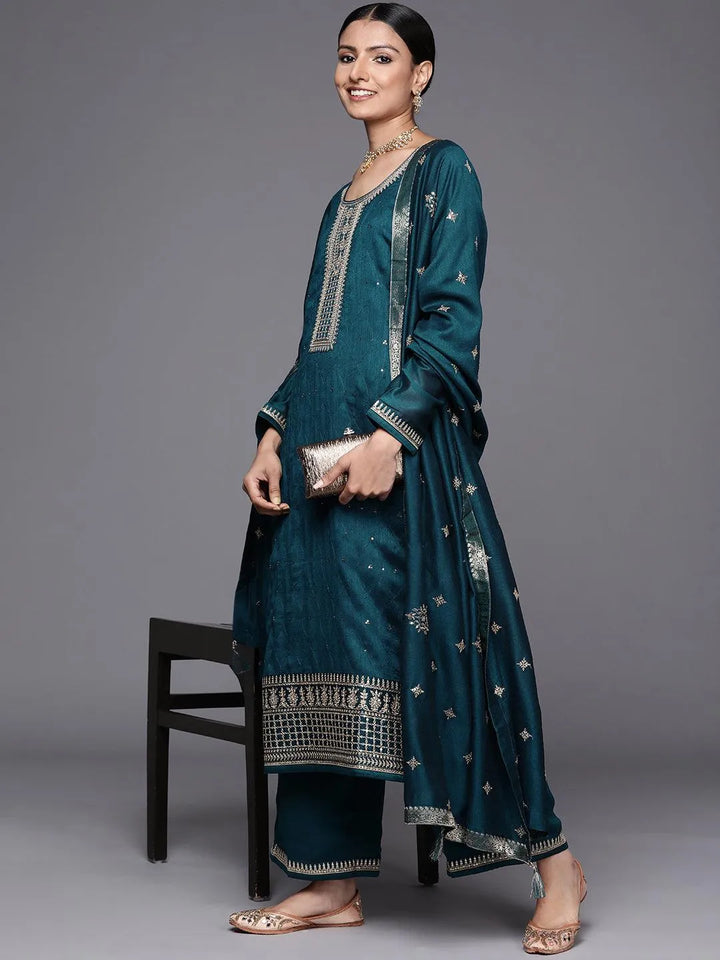 Teal Embroidered Silk Blend Straight Suit Set - Libas