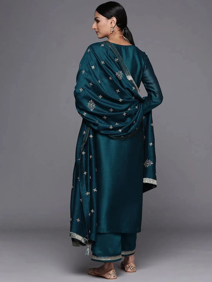 Teal Embroidered Silk Blend Straight Suit Set - Libas