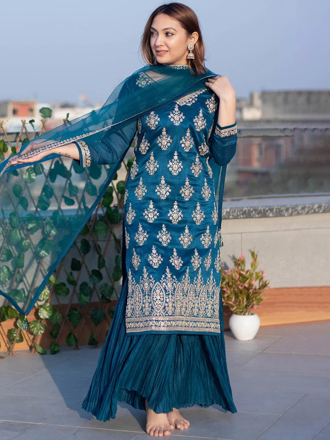 Teal Embroidered Silk Blend Straight Suit Set - Libas