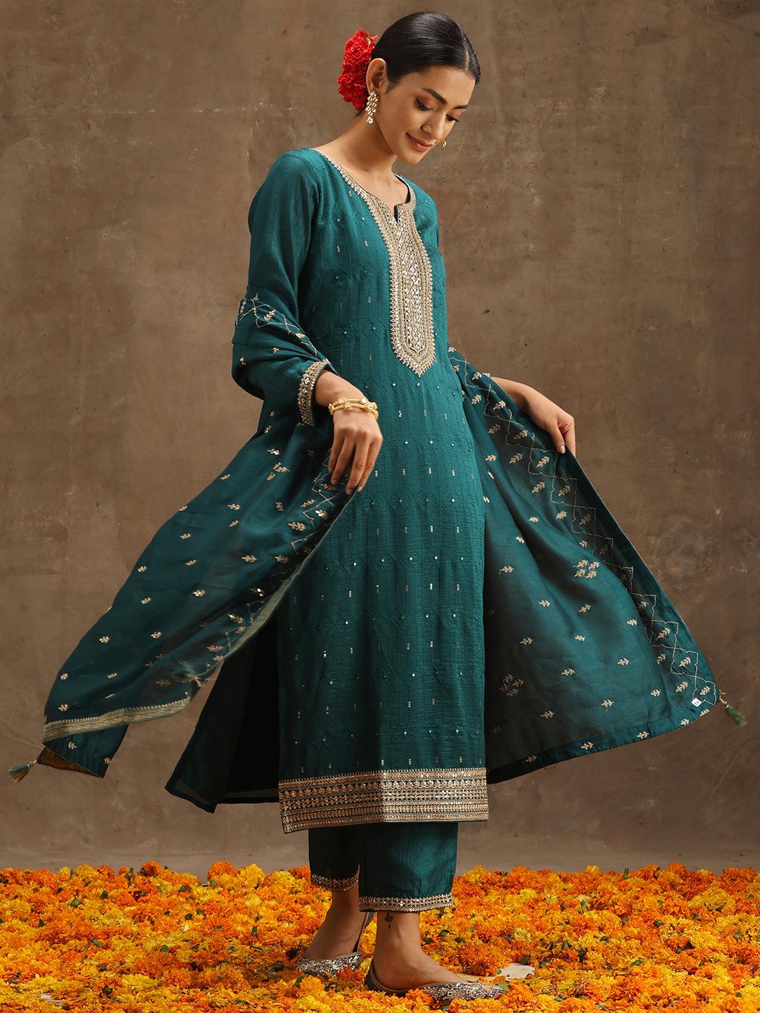 Teal Embroidered Silk Blend Straight Kurta With Trousers & Dupatta