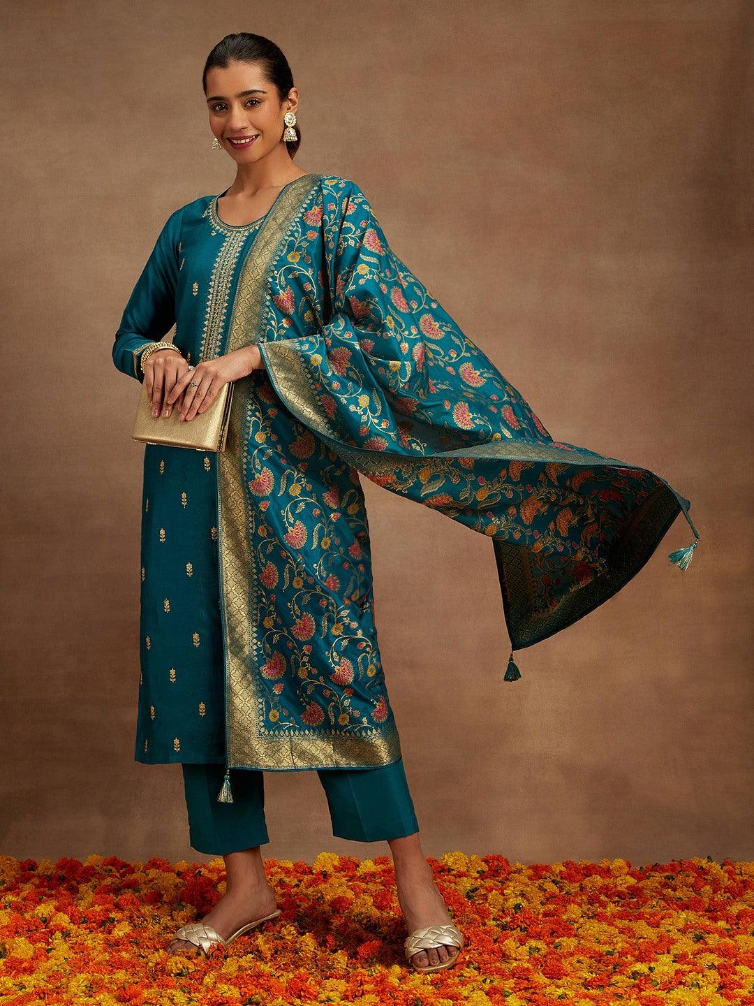 Teal Embroidered Silk Blend Straight Kurta With Trousers & Dupatta - Libas 