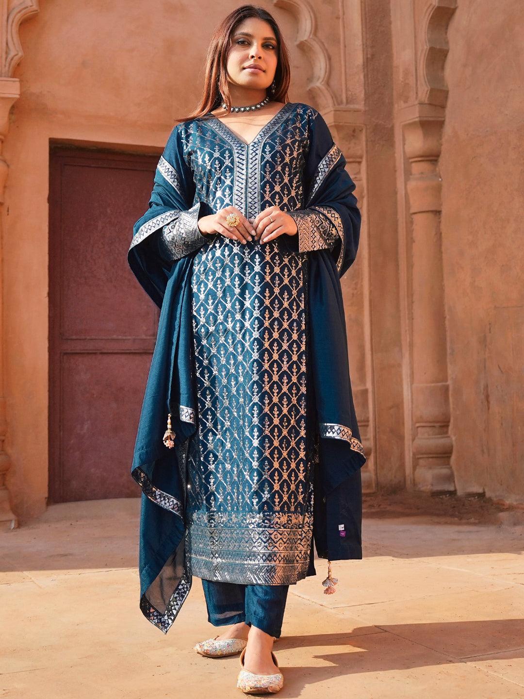 Teal Embroidered Silk Blend Straight Kurta With Trousers & Dupatta - Libas