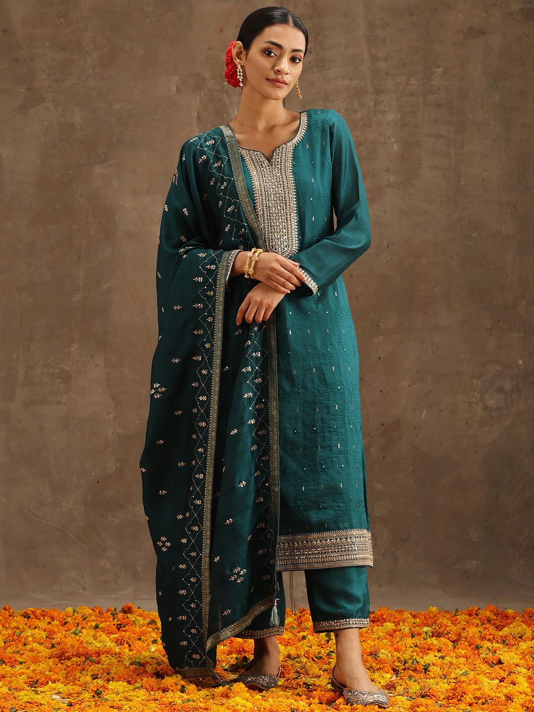 Teal Embroidered Silk Blend Straight Kurta With Trousers & Dupatta