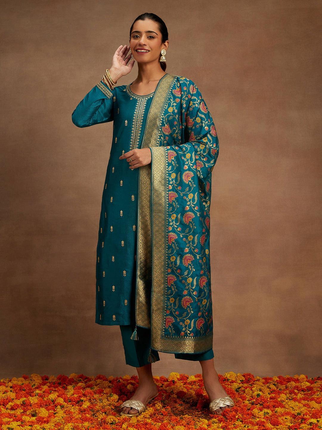 Teal Embroidered Silk Blend Straight Kurta With Trousers & Dupatta - Libas 