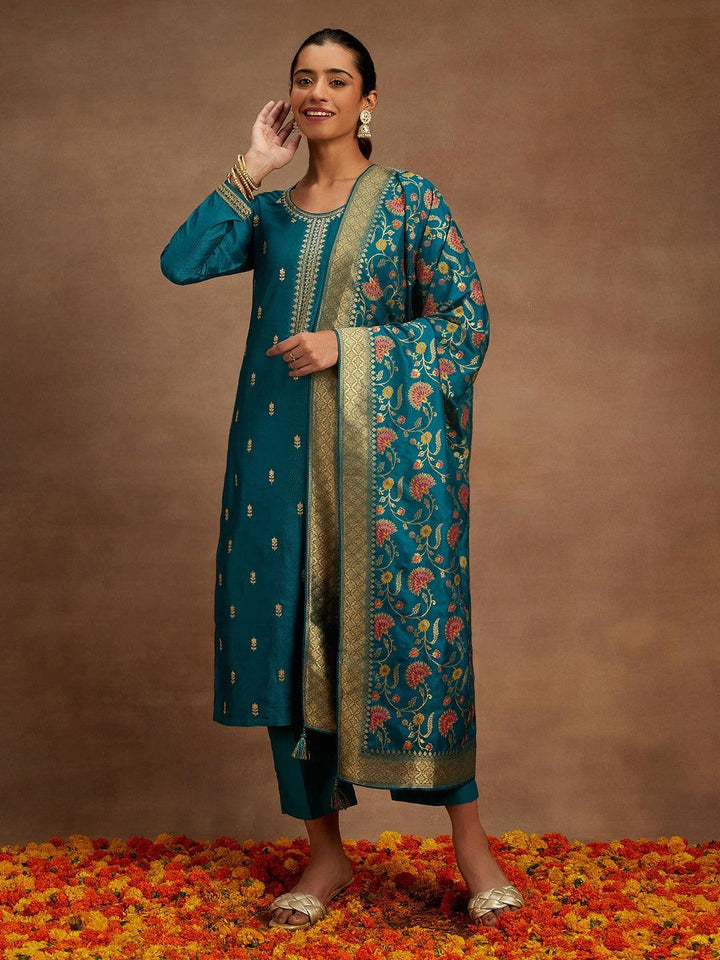 Teal Embroidered Silk Blend Straight Kurta With Trousers & Dupatta - Libas