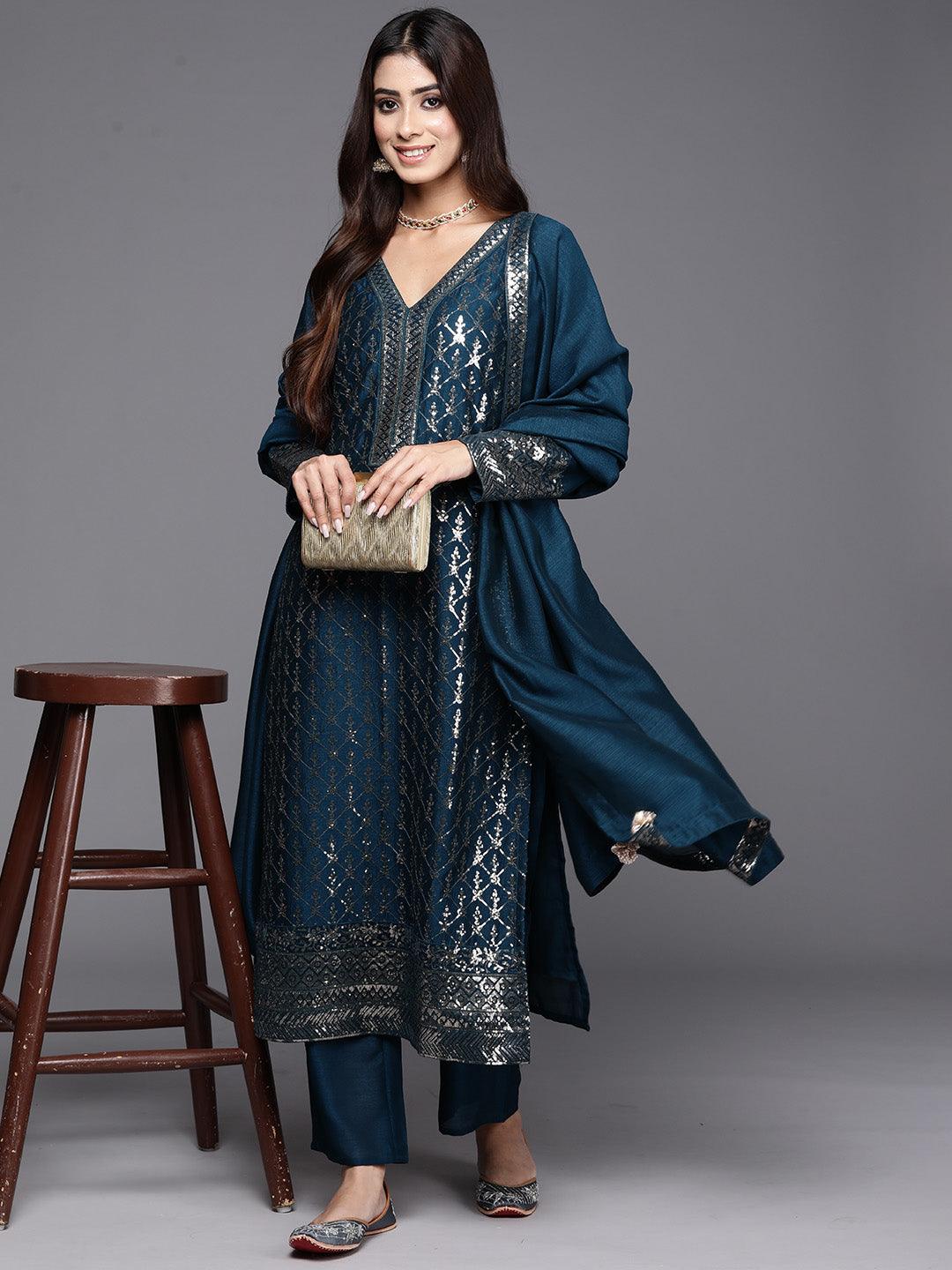 Teal Embroidered Silk Blend Straight Kurta With Trousers & Dupatta - Libas