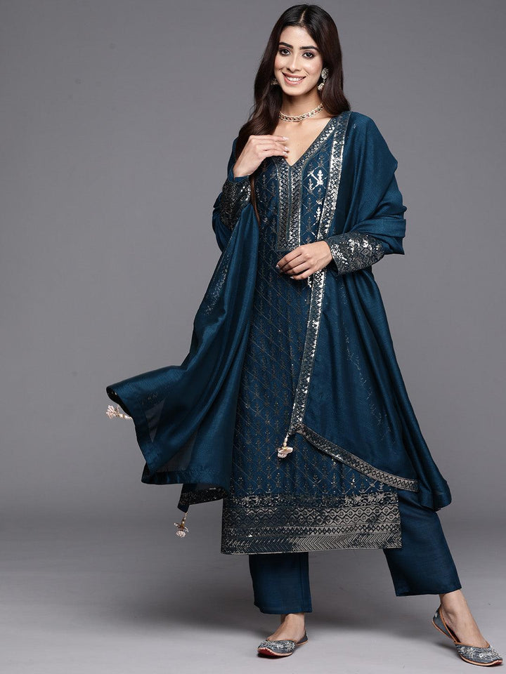 Teal Embroidered Silk Blend Straight Kurta With Trousers & Dupatta - Libas