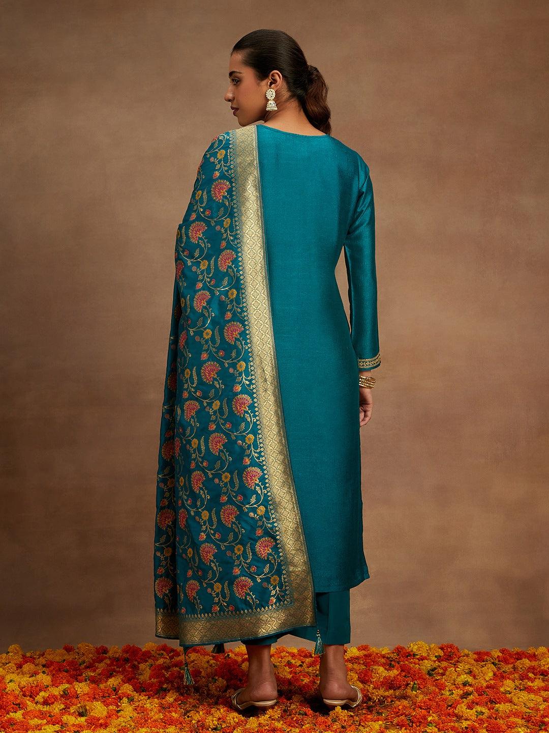 Teal Embroidered Silk Blend Straight Kurta With Trousers & Dupatta - Libas 