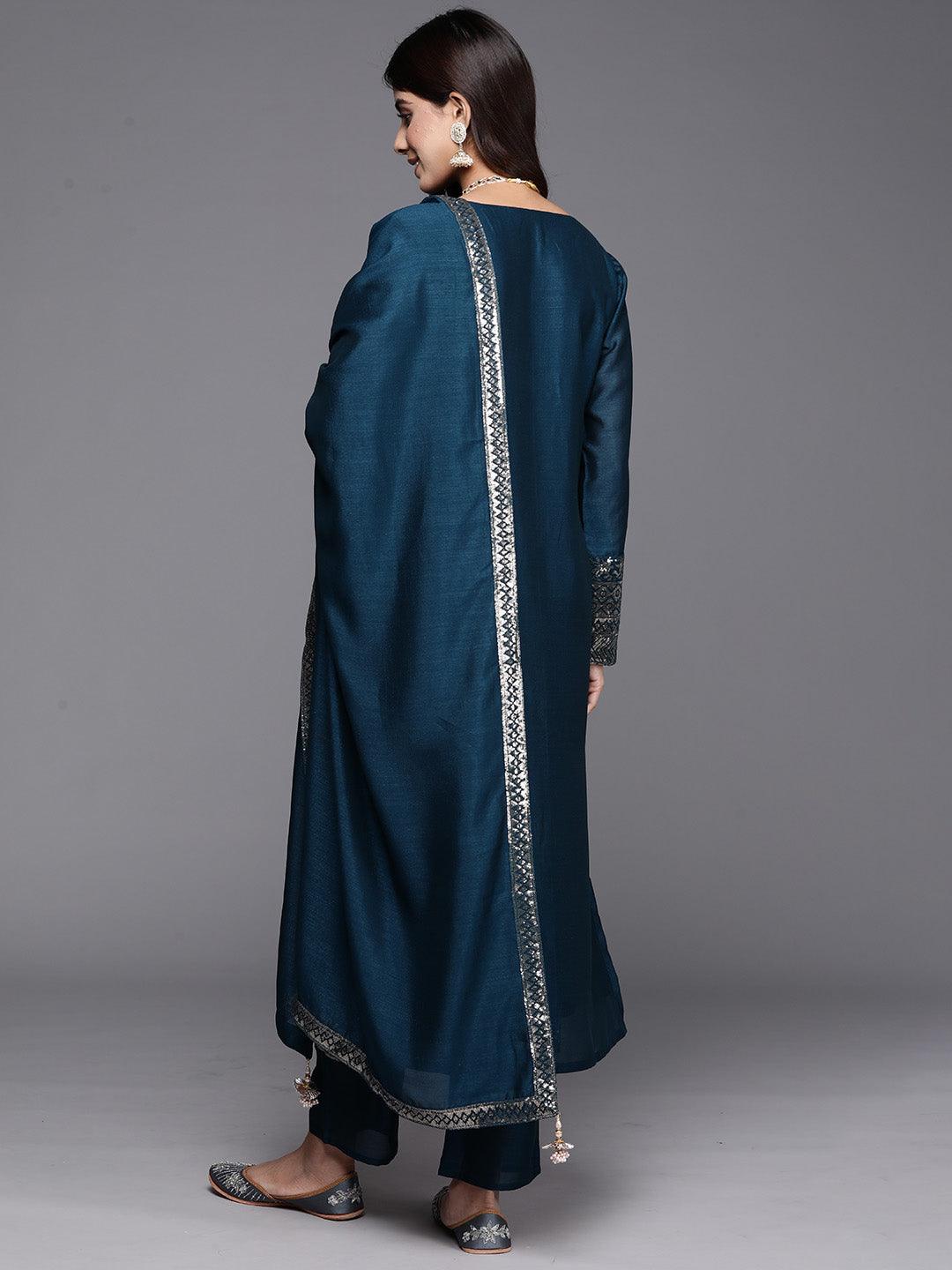 Teal Embroidered Silk Blend Straight Kurta With Trousers & Dupatta - Libas