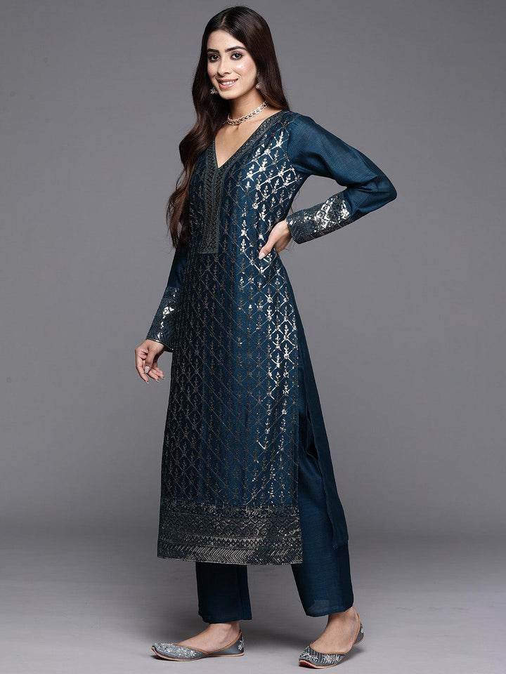 Teal Embroidered Silk Blend Straight Kurta With Trousers & Dupatta - Libas