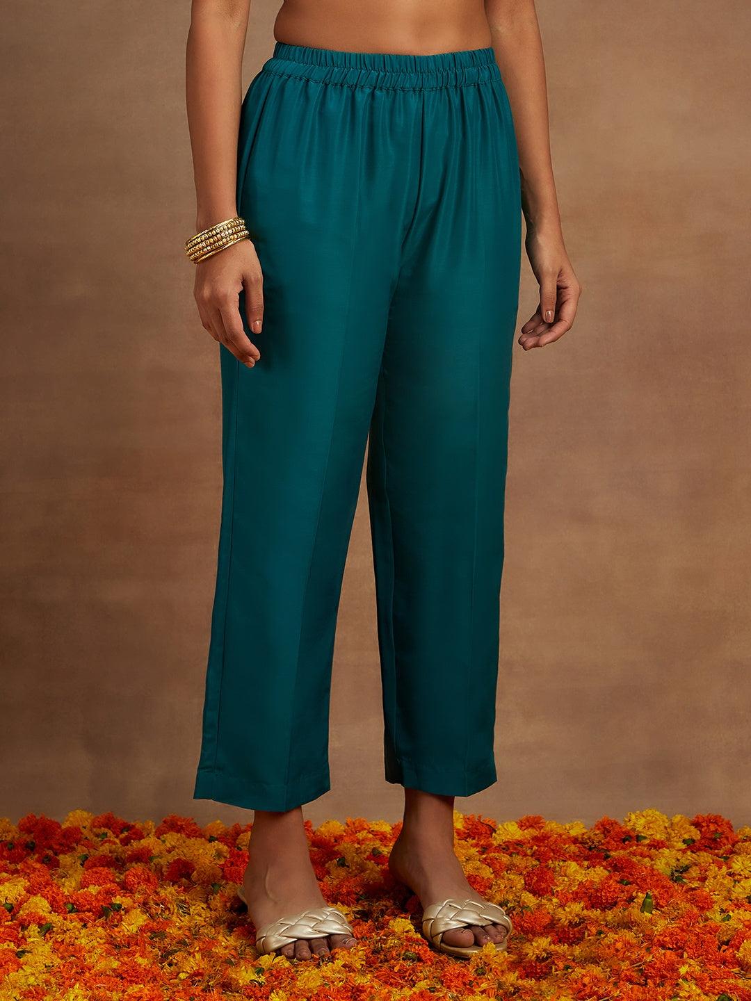 Teal Embroidered Silk Blend Straight Kurta With Trousers & Dupatta - Libas 