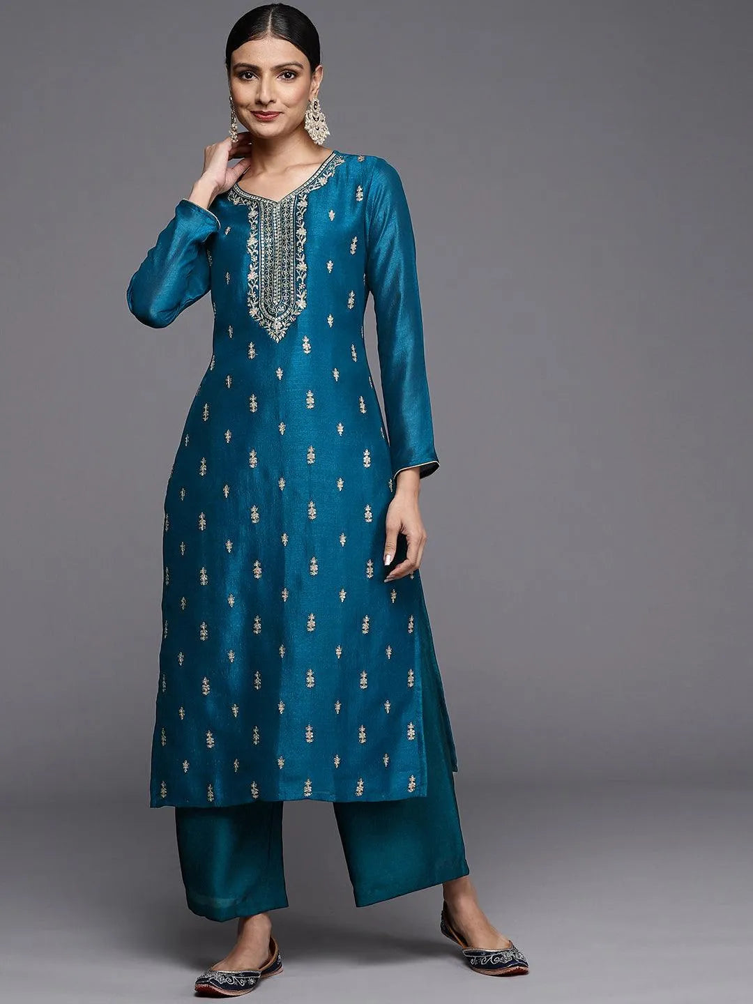 Teal Embroidered Silk Straight Kurta - Libas