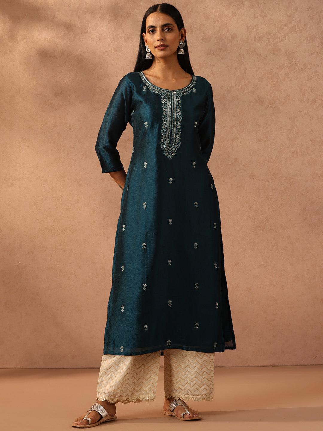 Teal Embellished Silk Straight Kurta - Libas 